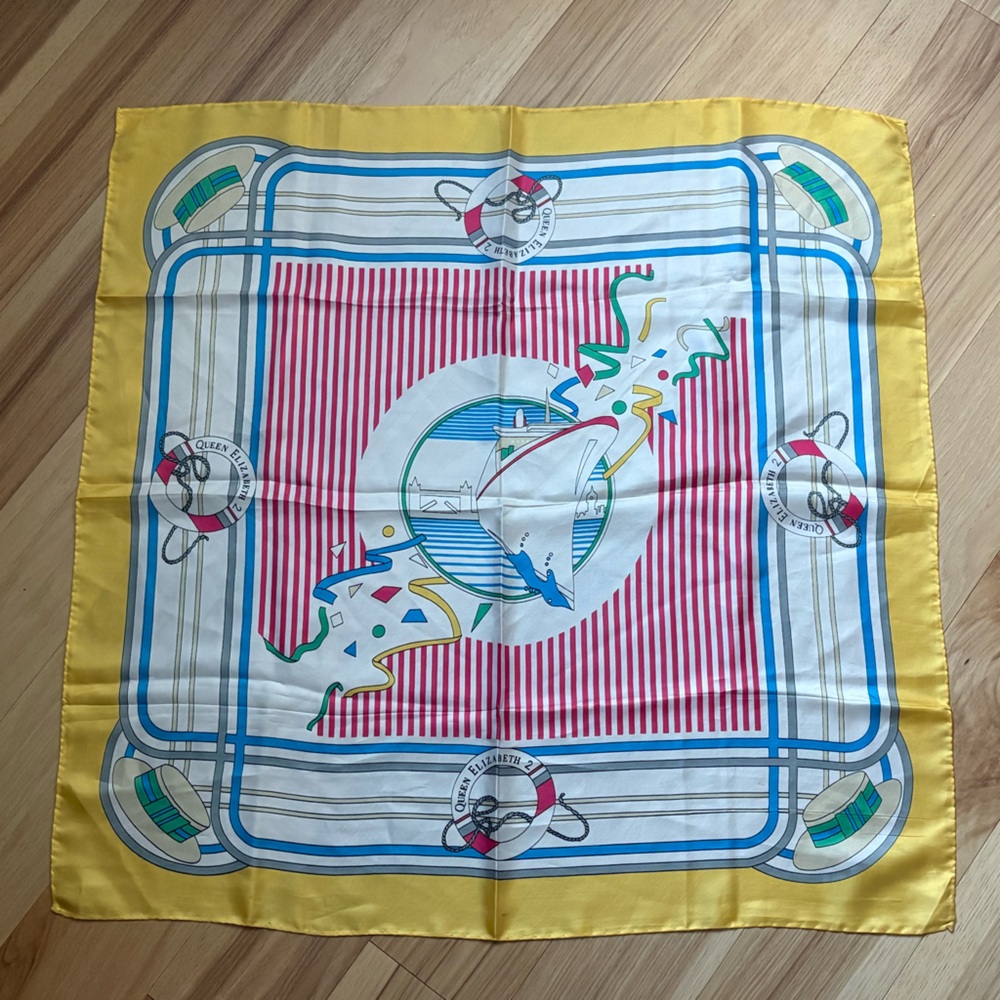 Vintage Cunard Ocean Liner Queen Elizabeth II scarf  100% Silk, Made in Italy